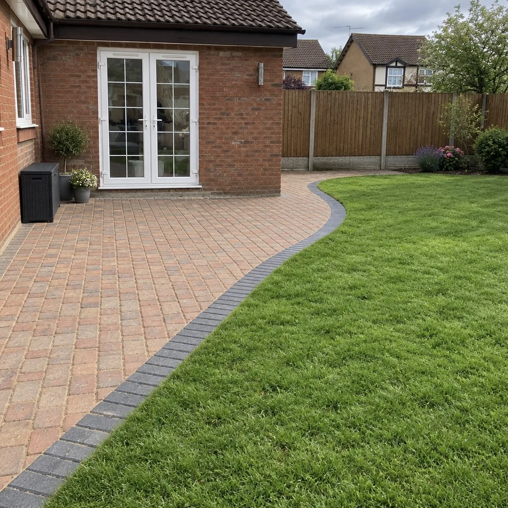 Curved block-paved patio and lawn with dark edging