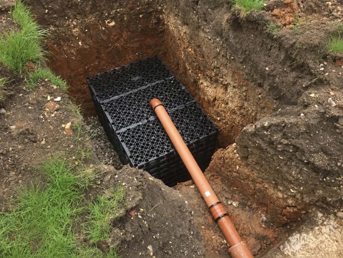 Excavated drainage pit containing soakaway crate and pipework