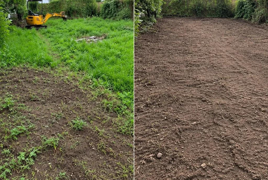 Supplied comparison showing overgrown ground beside a compact excavator and the area after vegetation clearance